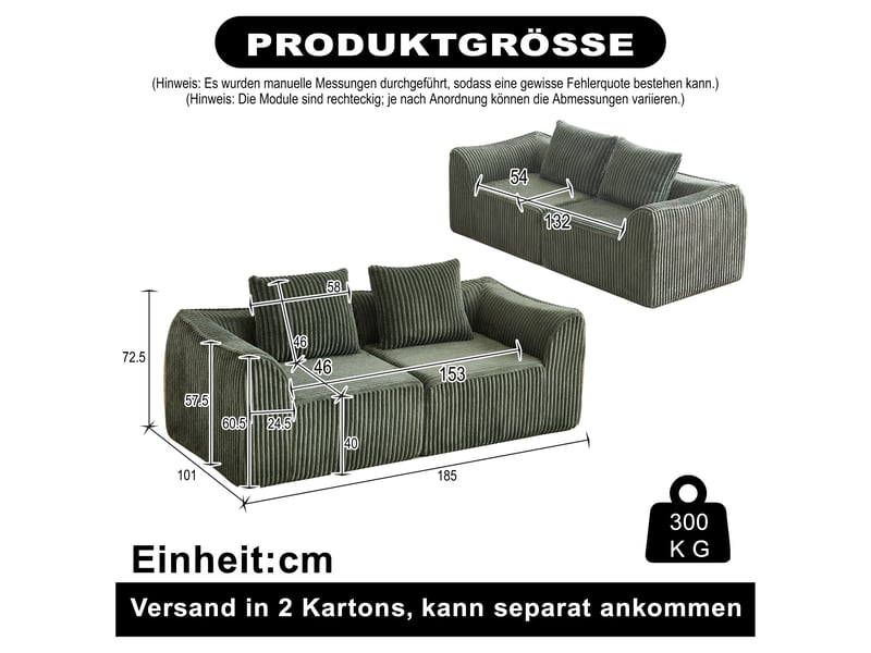  Canapé modulable en velours côtelé - lignes courbes, 2 coussins et assise profonde - canapé compressé - vert CozyNest - Conforama C