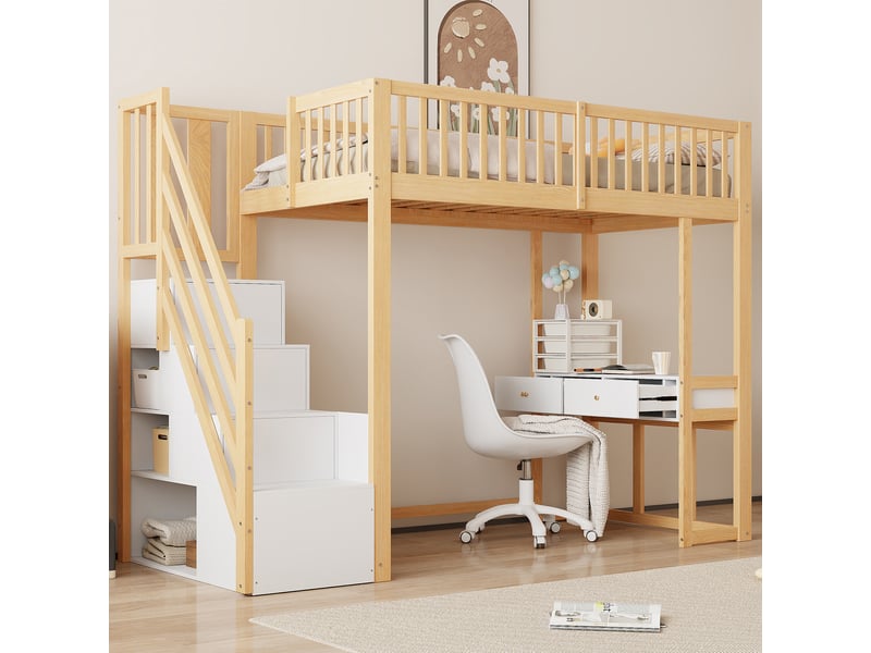  Lit mezzanine enfant 90x200 cm avec bureau, escalier de rangement, blanc et bois  - Conforama E