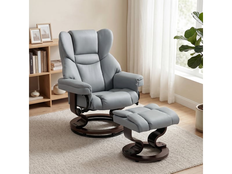  Fauteuil inclinable pivotant avec repose-pieds, dossier haut, mousse haute densité, base en bois, gris clair  - Conforama C