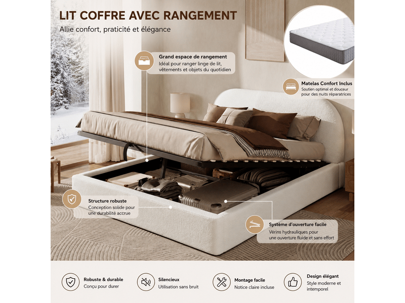  Lit coffre adulte 180 x 200 cm beige bouclé avec sommier à lattes tête de lit rembourrée matelas inclus hydraulique  - Conforama D