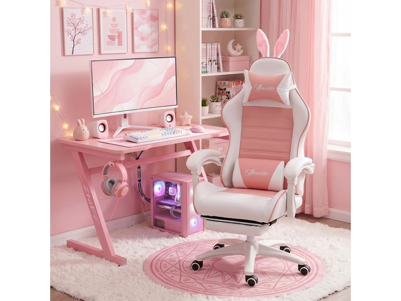  Chaise de jeu ergonomique avec soutien lombaire, repose-pieds et appui-tête oreilles de lapin, rose  - Conforama C