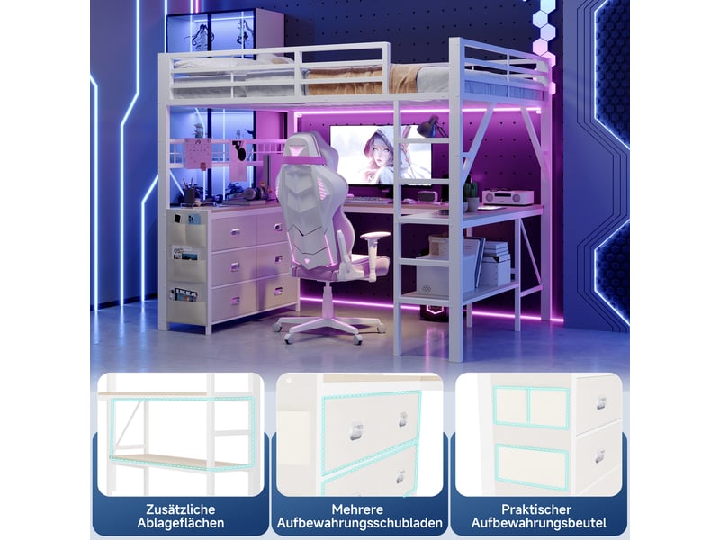  Lit mezzanine gaming 140x200 cm, bureau intégré, tiroirs, étagère et éclairage led, structure en métal, blanc evarich - Conforama D