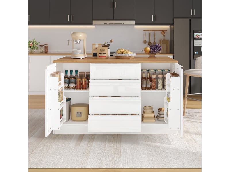  Îlot de cuisine avec plateau extensible, 4 tiroirs, 2 placards et étagères réglables, blanc, 140 × 80 × 90 cm  - Conforama B