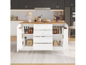 Îlot de cuisine avec plateau extensible, 4 tiroirs, 2 placards et étagères réglables, blanc, 140 × 80 × 90 cm
