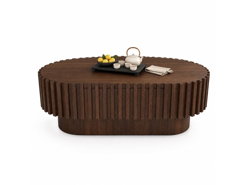 Table basse ovale avec tiroir de rangement, finition noyer foncé à lattes verticales, en mdf, 100 × 50 × 35,5 cm - Conforama A