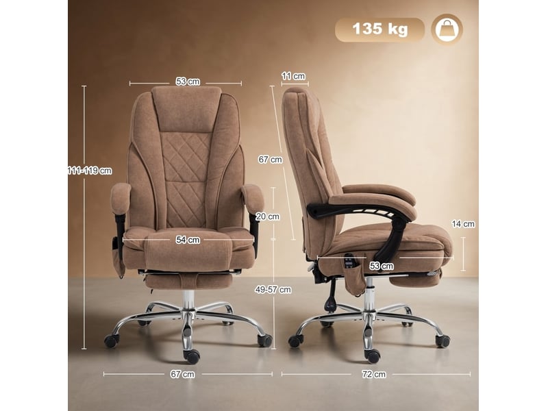  Fauteuil de bureau ergonomique marron avec massage, chauffage lombaire, repose-pieds, pivotant et à roulettes  - Conforama C