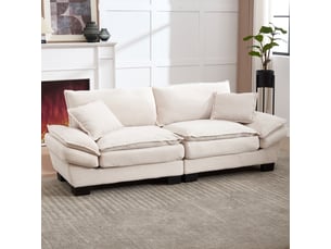 Canapé droit fixe 2 places 224x81x81 cm, canapé moderne en velours beige, assise profonde 56 cm, accoudoirs rembourrés, 2 coussins, structure en bois