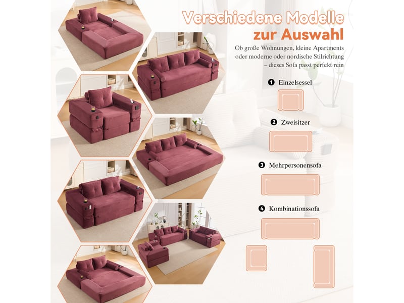  Canapé convertible avec porte-gobelet -  accoudoirs amovibles, velours côtelé rouge vin 122 × 98 × 80 cm  - Conforama E