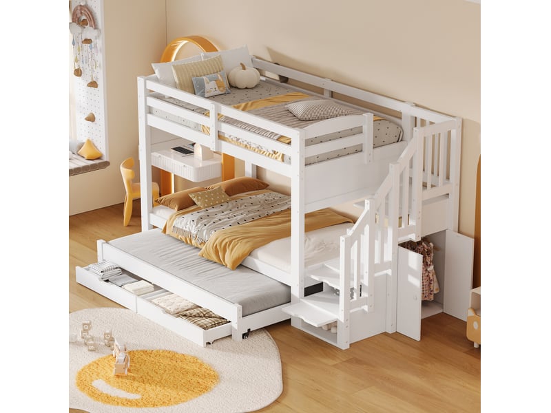Lit superposé 90x200 cm blanc avec lit gigogne, escalier de rangement et armoire - Conforama D