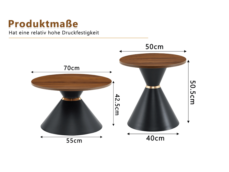  Set 2 tables basses rondes effet noyer - piètement métal noir conique - gain de place salonchambre  - Conforama C