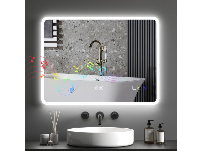  Miroir de salle de bain avec éclairage led 80x60 cm, bluetooth, 3 couleurs d'éclairage, fonction antibuée, fonction mémoire, ip44  - Conforama A