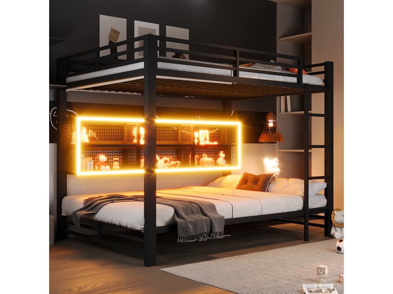  Lit superposé 140 x 200 cm, lit enfant à deux couchages, placard intégré, étagères ouvertes, éclairage led, barrières de sécurité, métal, noir Morn Vibe - Conforama B
