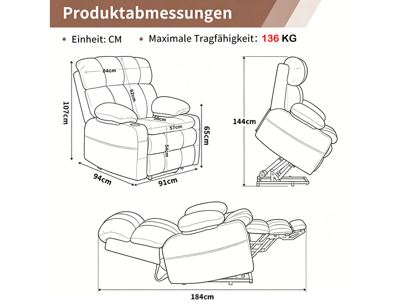  Fauteuil relax électrique avec releveur, massage 8 points, chauffage lombaire, télécommande, tissu bleu  - Conforama E
