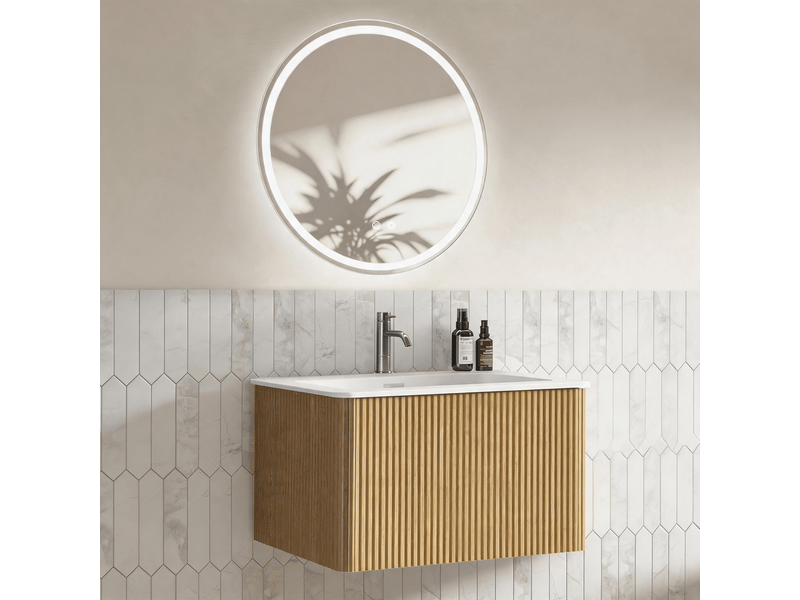  Armoire de salle de bain avec miroir led antibuée, 1 tiroir et vasque intégrée, pour salle de bain, 60 cm, chêne  - Conforama B