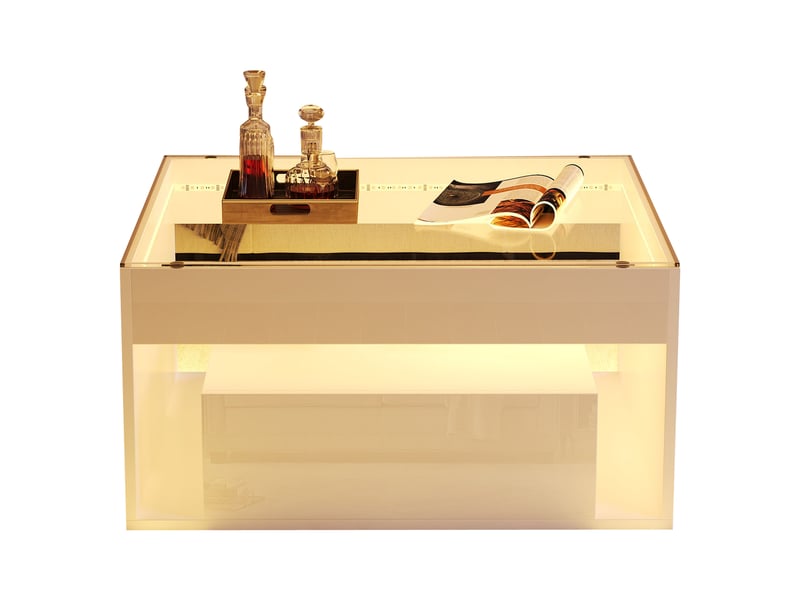  Table basse carrée 70x70 blanche laquée avec led, plateau en verre trempé et 2 tiroirs de rangement  - Conforama A