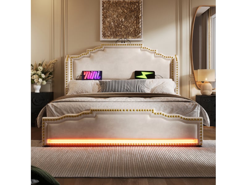  Modenvie lit double avec rangement 140x200 cm - 4 tiroirs, led et ports usb-c, matelas inclus - beige  - Conforama D