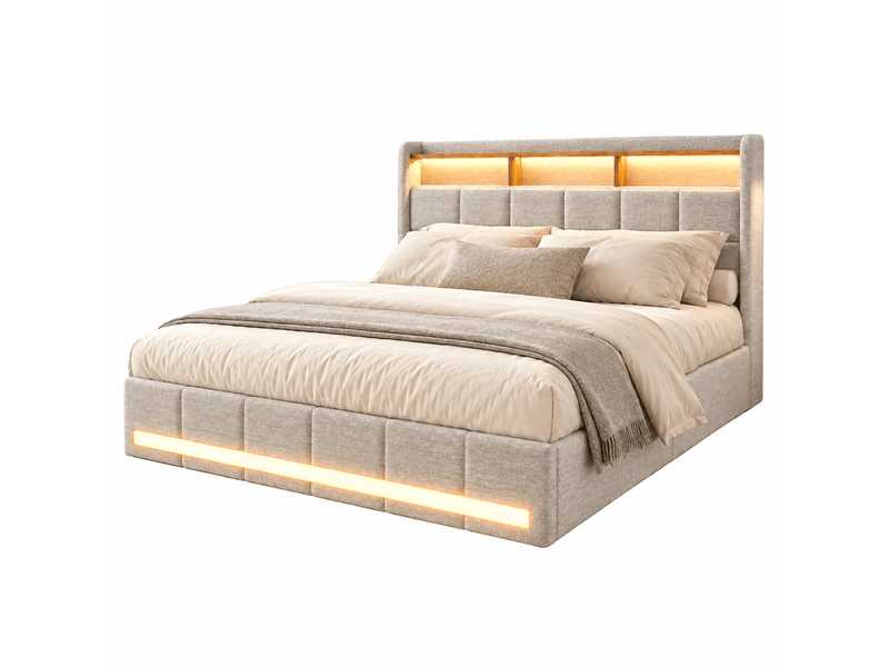  Lit double 180x200 avec rangement, lit 2 personnes led avec prise et 4 tiroirs cadre de lit rembourré avec tête de lit capitonnée pour adultes et adolescents lin beige, sans matelas  - Conforama A