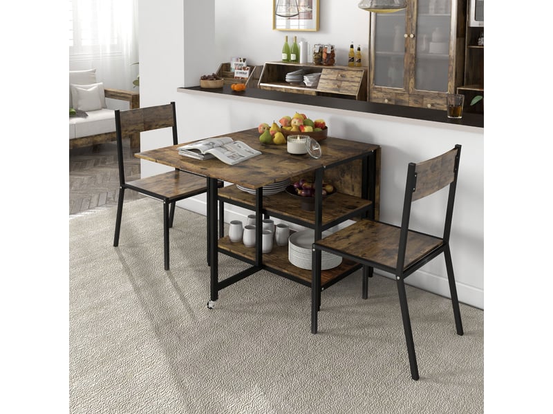  Table de salle à manger extensible pour 2 à 6 personnes avec 2 plateaux rabattables et 2 étagères, en acier, marron  - Conforama C