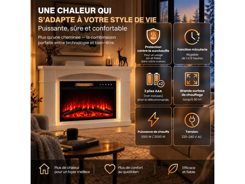  Homavo 23t‑5 : cheminée électrique 23 pouces avec meuble et bande led. Chauffage 10002000 w à 2 niveaux, 7 couleurs de flamme, 5 réglages de luminosité et vitesse, minuterie 1‑8 h, télécommande et commande tactile, 42 effets led…  - Conforama E
