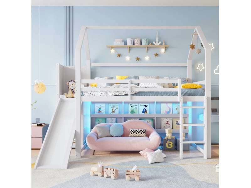  Lit mezzanine enfant 90x200 cm, forme maison avec toboggan, rangements, pin, mdf, contreplaqué, blanc, sans matelas  - Conforama E