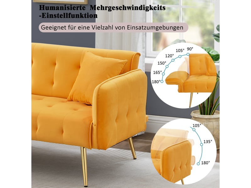  Canapé convertible 2 places jaune, canapé-lit velours avec accoudoirs réglables et dossier ajustable, design moderne pieds dorés  - Conforama E