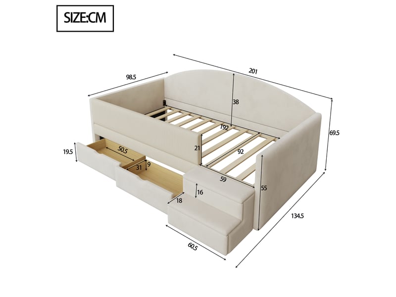  Modenvie lit enfant capitonné 90x190 cm - avec 2 tiroirs, barrières de sécurité, sans matelas - beige  - Conforama C