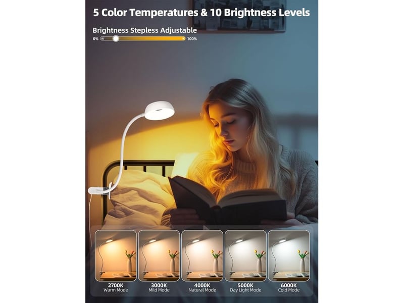  Lampe led clip – 10 niveaux luminosité, 5 modes couleur, flexible, lecture et chevet, pince pour lit, bureau, table, dortoir, lumière douce  - Conforama B