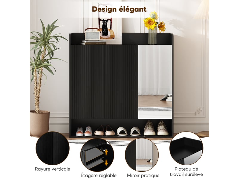  Meuble à chaussures noir avec structure striée verticale et miroir en pied, grand rangement, noir  - Conforama E
