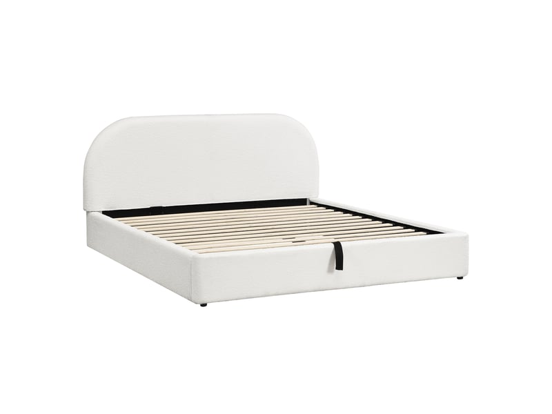 Lit 180x200 cm bouclé beige – sommier inclus, tête rembourrée, rangement spacieux - Conforama D