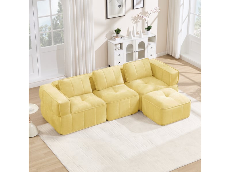  Canapé 3 places - 271x162x67cm - canapé d'angle modulaire en l avec pouf repose-pieds en mousse 32d sans cadre - jaune  - Conforama D