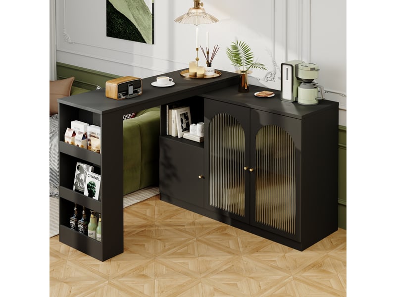 Meuble bar rotatif 360° 120x40x97 cm, avec rangement et portes vitrées cannelées, îlot de cuisine en mdf - noir - Conforama B