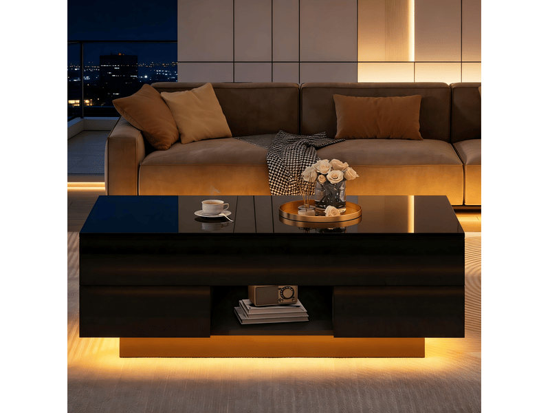  Table basse relevable noire brillante avec led – 100 x 45 x 43 cm – 2 tiroirs  - Conforama C