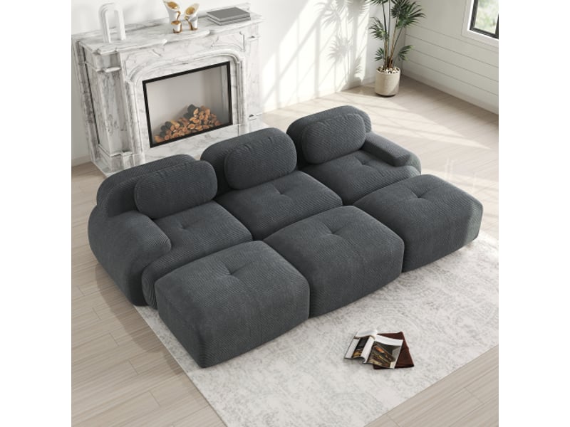 Canapé modulable 3 places avec 3 ottomans - velours côtelé gris, prêt à poser, accoudoirs larges, canapé home cinéma - Conforama B