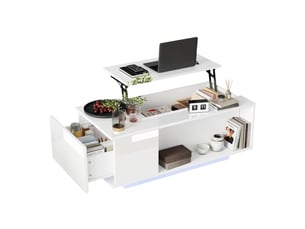 Table basse relevable avec 1 tiroir, niche de rangement, led et plateau laqué pour salon, 100 × 50 × 40 cm