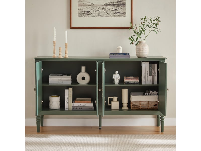  Buffet vintage 160x40x89 cm avec portes à relief sculpté 3d,angles arrondis,pieds tournés,poignées effet laiton,vert vintage  - Conforama D