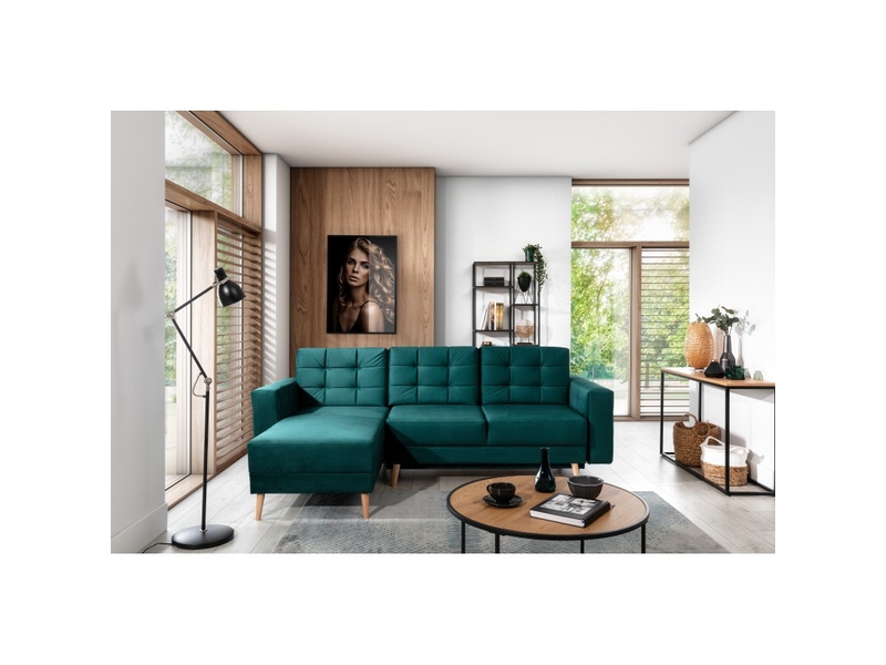  Canapé d'angle convertible hasgard 3 places vert foncé 248x162 cm – coffre et pieds bois  - Conforama B