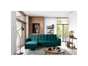 Canapé d'angle convertible hasgard 3 places vert foncé 248x162 cm – coffre et pieds bois