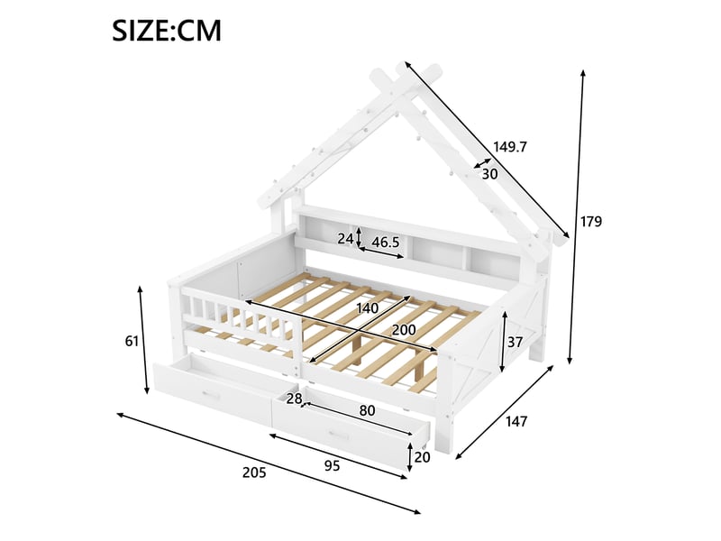 Lit enfant cabane 140 x 200 cm avec éclairage led, rangements, tiroirs et barrière de protection blanc  - Conforama E