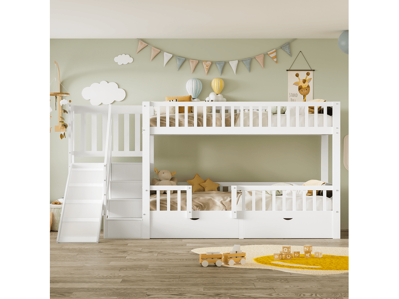 Lit enfant superposé, 90x200 cm, avec toboggan, escaliers, 2 tiroirs pratiques, matelas non inclus, bois, coloris blanc - Conforama D