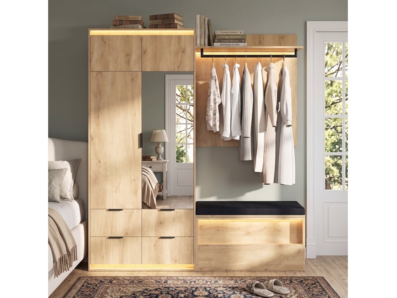  Vestiaire d'entrée avec miroir, banc rembourré, 4 tiroirs et led, 180 x 47 x 200 cm, bois clair et gris  - Conforama E