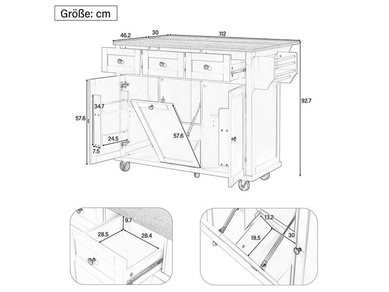 Îlot de cuisine 112x46,2-76,2x92,7 cm avec roulettes naturel et gris - Conforama C