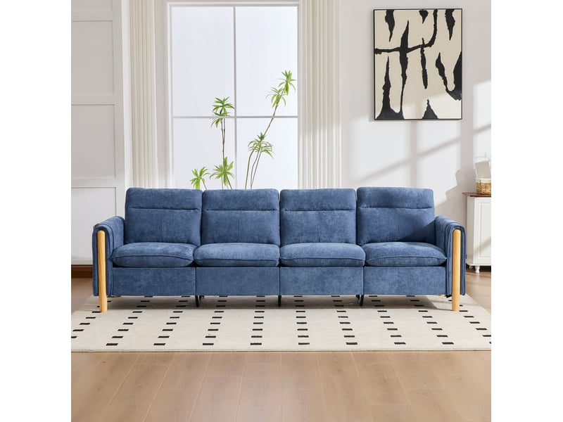  Canapé modulable en u 4 places bleu en tissu, 2 poufs de rangement et pieds en bois pour le salon familial  - Conforama E