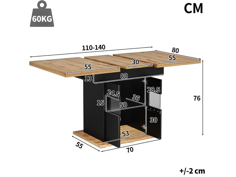  Table à manger extensible 110-140x80 cm noire effet bois avec rangement led  - Conforama C