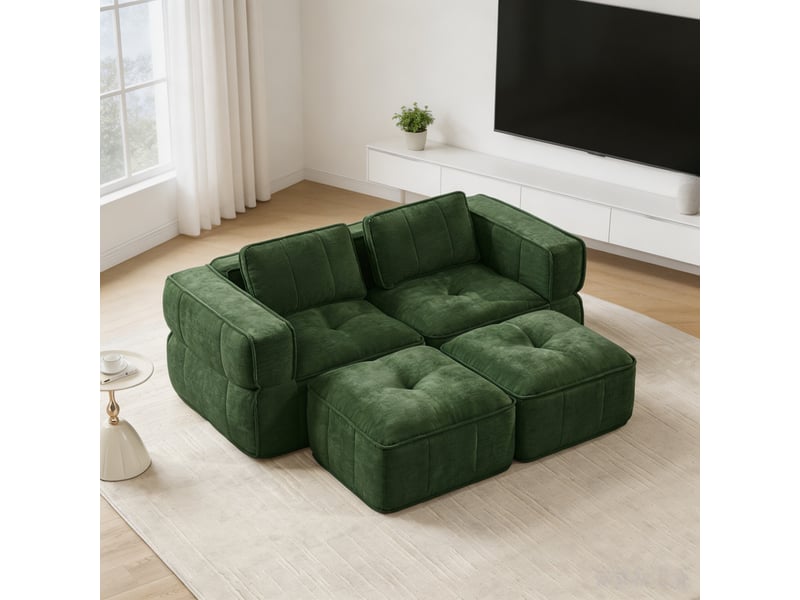 Ensemble modulaire 2 places, 2 poufs, mousse 32d, assise profonde, tissu confortable, 198×162×67 cm, vert - Conforama D