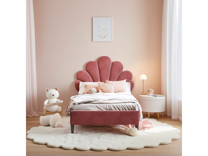  Lit 90 x 200 avec sommier, lit rembourré lit simple,tête de lit réglable en hauteur,lit simple,velours,rouge  - Conforama D