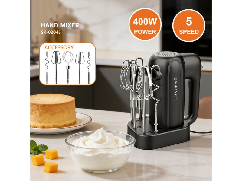  Batteur électrique 400 w, 5 vitesses, 5 accessoires en acier inoxydable, avec base de rangement, pour pâtisserie  - Conforama B
