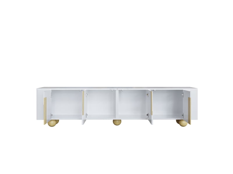  Meuble tv blanc 180 cm, 4 portes, effet marbre, pieds sphériques en bois, design élégant  - Conforama E