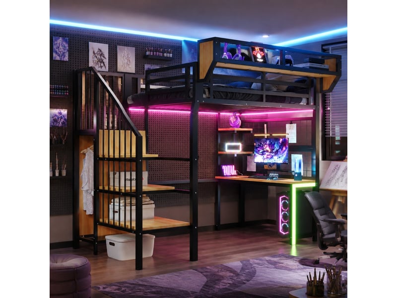  Lit mezzanine 90x200 cm avec bureau, rangements et led coloris noir  - Conforama D