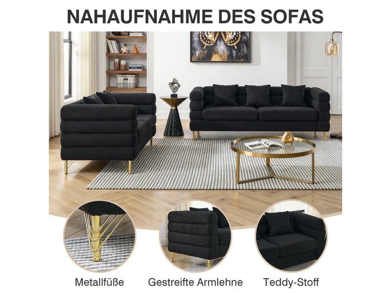 Canapé nuage noir en tissu bouclette, 205,7 x 81 x 71 cm, pieds en métal doré, coussins décoratifs, dossier ondulé - Conforama E