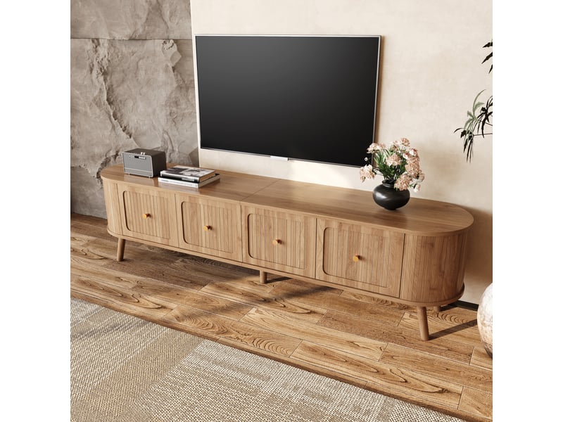  Meuble tv bas 180x38x47cm bords arrondis rangement | style vintage effet chêne et détails dorés | 4 portes charge 60kg - chêne clair  - Conforama D
